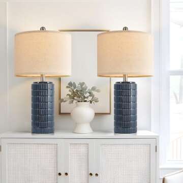 PoKat 23" Blue Table Lamps, Farmhouse Bedside Lamps for Bedroom Set of 2, Ceramic End Table Lamps for Living Room, Traditional Nightstand Desk Lamps, Medium