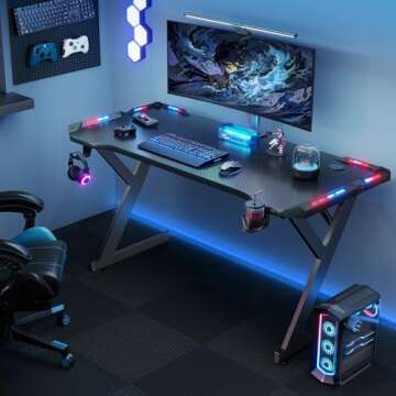 HLDIRECT 40 INCH Gaming Desk with LED Lights, Home Office Gamer Desk, Ergonomic Computer Table with ...
