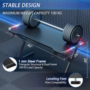 HLDIRECT 40 INCH Gaming Desk with LED Lights, Home Office Gamer Desk, Ergonomic Computer Table with Large Carbon Fiber Desktop, Office Workstation, Cup Holder & Headphone Hook, Black