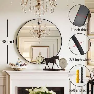 Growsun 48 Inch Large Round Mirror - Stunning Black Metal Frame for Elegant Home Decor