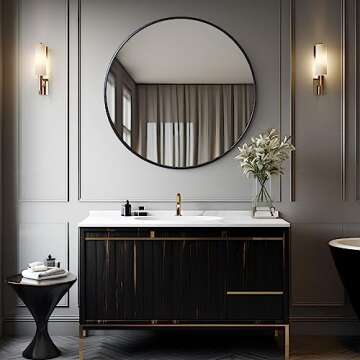 Growsun 48 inch Large Round Mirror, Bathroom Mirror for Wall, Metal Frame Round Mirror for Fireplace Living Room Wall Decor, Black Frame