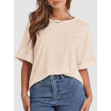 ATHMILE Summer Tops T Shirts Loose Fit Crewneck Short Sleeve Summer Casual Blouse 2025 Y2K Tee Cream