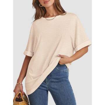 ATHMILE Summer Tops T Shirts Loose Fit Crewneck Short Sleeve Summer Casual Blouse 2025 Y2K Tee Cream
