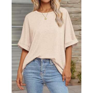 ATHMILE Summer Tops T Shirts Loose Fit Crewneck Short Sleeve Summer Casual Blouse 2025 Y2K Tee Cream