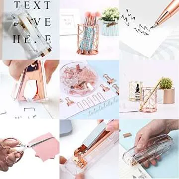 Famassi Rose Gold Desk Accessories，Office Supplies Set Acrylic Stapler Set Staple Remover, Tape Holder, 2 Ballpoint Pen, Scissor, Binder/Paper Clips and 1000pcs Staples.