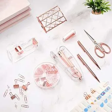 Famassi Rose Gold Desk Accessories，Office Supplies Set Acrylic Stapler Set Staple Remover, Tape Holder, 2 Ballpoint Pen, Scissor, Binder/Paper Clips and 1000pcs Staples.