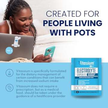 Vitassium Capsules, Electrolytes for Dietary Management of POTS Syndrome Symptoms (500mg Sodium - 100mg Potassium), 240 Buffered Salt Capsules