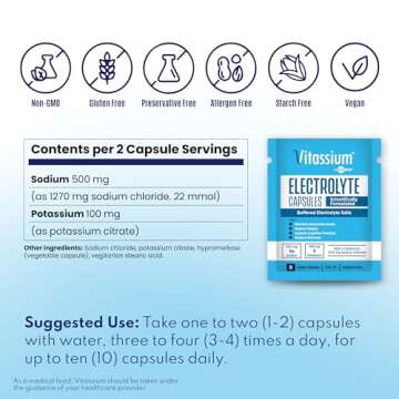 Vitassium Capsules, Electrolytes for Dietary Management of POTS Syndrome Symptoms (500mg Sodium - 100mg Potassium), 240 Buffered Salt Capsules