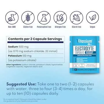 Vitassium Capsules, Electrolytes for Dietary Management of POTS Syndrome Symptoms (500mg Sodium - 100mg Potassium), 240 Buffered Salt Capsules