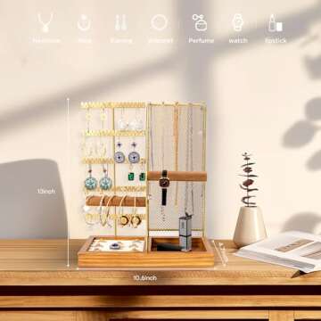 BYT Jewelry Organizer Stand – Earring and Necklace Holder with Removable Wood Tray