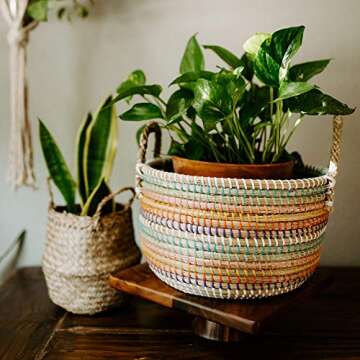 Modern Village Floor Basket for Blankets, Throws, Pets, Storage - Colorful Woven Seagrass, 12 Inch Round