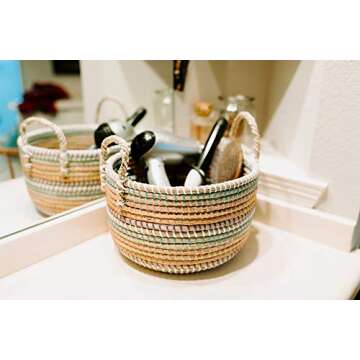 Modern Village Floor Basket for Blankets, Throws, Pets, Storage - Colorful Woven Seagrass, 12 Inch Round