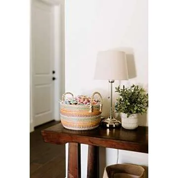 Modern Village Floor Basket for Blankets, Throws, Pets, Storage - Colorful Woven Seagrass, 12 Inch Round