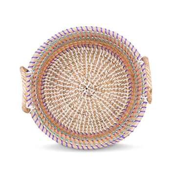 Modern Village Floor Basket for Blankets, Throws, Pets, Storage - Colorful Woven Seagrass, 12 Inch Round