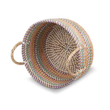 Modern Village Floor Basket for Blankets, Throws, Pets, Storage - Colorful Woven Seagrass, 12 Inch Round