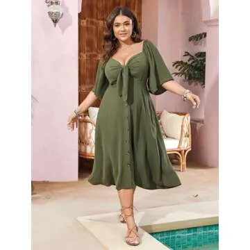 SCOMCHIC Plus Size Summer Dress Casual Short Sleeve Bow Tie Deep V Neck Smocked Button Down Midi Flowy A-line Boho Dresses Green