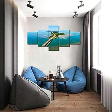 5 Pieces Modern Home Decoration Florida Keys Wall Art, 7 Mile Bridge Picture Natural Scenery Painting Print on Canvas Colorful Ocean Modern Artwork Stretched Wood Frame Ready to Hang - 50"Wx24"H
