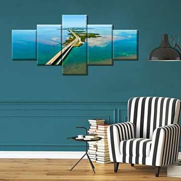 5 Pieces Modern Home Decoration Florida Keys Wall Art, 7 Mile Bridge Picture Natural Scenery Painting Print on Canvas Colorful Ocean Modern Artwork Stretched Wood Frame Ready to Hang - 50"Wx24"H