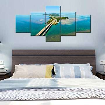 5 Pieces Modern Home Decoration Florida Keys Wall Art, 7 Mile Bridge Picture Natural Scenery Painting Print on Canvas Colorful Ocean Modern Artwork Stretched Wood Frame Ready to Hang - 50"Wx24"H