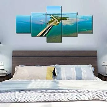 5 Pieces Modern Home Decoration Florida Keys Wall Art, 7 Mile Bridge Picture Natural Scenery Painting Print on Canvas Colorful Ocean Modern Artwork Stretched Wood Frame Ready to Hang - 50"Wx24"H