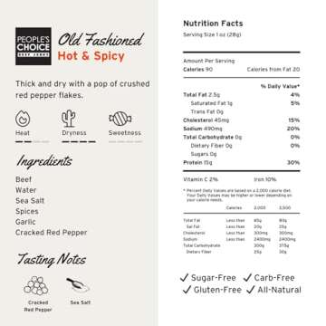 People's Choice Beef Jerky - Old Fashioned - Hot & Spicy - Healthy, Sugar Free, Zero Carb, Gluten Free, Keto Friendly, High Protein Meat Snack - Dry Texture - 1 Pound, 16 oz - 1 Bag