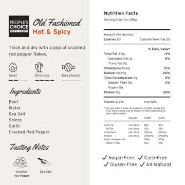 People's Choice Beef Jerky - Old Fashioned - Hot & Spicy - Healthy, Sugar Free, Zero Carb, Gluten Free, Keto Friendly, High Protein Meat Snack - Dry Texture - 1 Pound, 16 oz - 1 Bag
