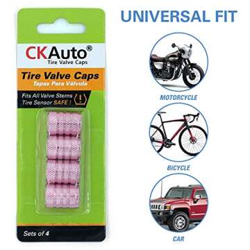 CKAuto Tire Valve Stem Caps, Pink, 4 pcs/Pack, Anodized Aluminum Tire Valve Cap Set, Corrosion Resistant, Universal Stem Covers for Cars Trucks Motorcycles SUVs and Bikes