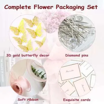163 Pcs DIY Flower Bouquet Accessories Include 20 Sheets Waterproof Floral Wrapping Paper 2 Ribbons 36 3d Butterflies 10 Cards and 100 Bouquet Pin for Mother's Day Wedding Birthday Party Graduation