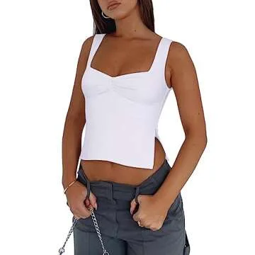 REORIA Women's Sexy Square Neck Ruched Double Lined Split Y2K Tank Crop Tops Plus Size White X-Large