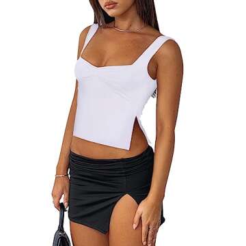 REORIA Women's Sexy Square Neck Ruched Double Lined Split Y2K Tank Crop Tops Plus Size White X-Large