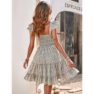 PRETTYGARDEN Women's Casual Summer Dress Floral Boho Ruffle Strap Backless Tiered Mini Short Beach Sun Dresses Grey Green