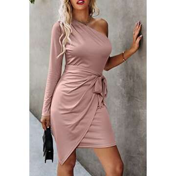 PRETTYGARDEN Women's Fall Fashion One Shoulder Long Sleeve Bodycon Dresses Ruched Irregular Hem Mini Dress (Long Sleeve Nude Pink,Medium)