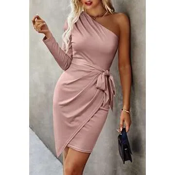 PRETTYGARDEN Women's Fall Fashion One Shoulder Long Sleeve Bodycon Dresses Ruched Irregular Hem Mini Dress (Long Sleeve Nude Pink,Medium)