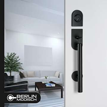 Berlin Modisch HandleSet Front Door Entry Handle and Deadbolt Lock Set Sleek Round Lever and Single Cylinder Deadbolt Heavy Duty - Iron Black Finish