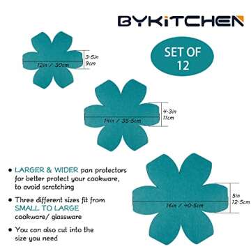 BYKITCHEN Pot and Pan Protectors, Set of 12 and 3 Different Sizes, Larger & Thicker Felt Pan Protector Pads, Cyan Pot Separators Protectors for Stacking and Protecting Your Cookware
