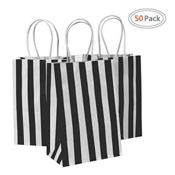 Ronvir 50Pcs Gift Bags Small 5.25x3.25x8 Inch Striped Paper Bags Black And White Gift Bags Black Bag...