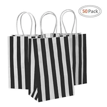 Ronvir 50Pcs Gift Bags Small 5.25x3.25x8 Inch Striped Paper Bags Black And White Gift Bags Black Bag...