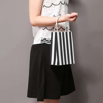 Ronvir 50Pcs Gift Bags Small 5.25x3.25x8 Inch Striped Paper Bags Black And White Gift Bags Black Bags For Gifts, Business, Shopping, Party, Candy, Birthday, Christmas, Halloween, Retail, Holiday