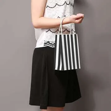 Ronvir 50Pcs Gift Bags Small 5.25x3.25x8 Inch Striped Paper Bags Black And White Gift Bags Black Bags For Gifts, Business, Shopping, Party, Candy, Birthday, Christmas, Halloween, Retail, Holiday