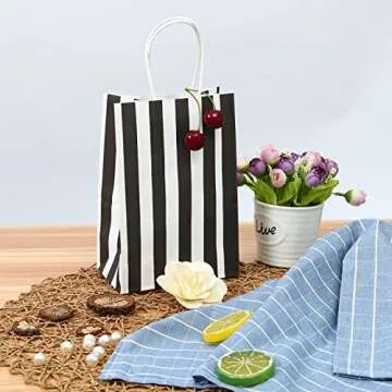 Ronvir 50Pcs Gift Bags Small 5.25x3.25x8 Inch Striped Paper Bags Black And White Gift Bags Black Bags For Gifts, Business, Shopping, Party, Candy, Birthday, Christmas, Halloween, Retail, Holiday