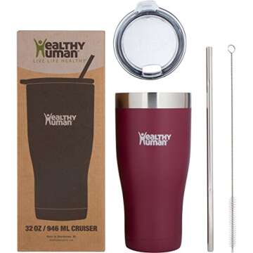 Healthy Human Stainless Steel Tumbler with Straw & Lid | Splash Proof Insulated Travel Cup | Eco-Friendly Coffee Tumblers | Water Cups with Straws Cleaner and Splash Proof Lids (32oz, Merlot)