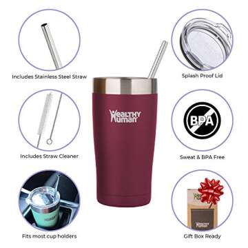 Healthy Human Stainless Steel Tumbler with Straw & Lid | Splash Proof Insulated Travel Cup | Eco-Friendly Coffee Tumblers | Water Cups with Straws Cleaner and Splash Proof Lids (32oz, Merlot)