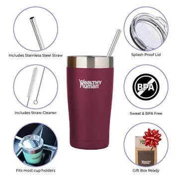 Healthy Human Stainless Steel Tumbler with Straw & Lid | Splash Proof Insulated Travel Cup | Eco-Friendly Coffee Tumblers | Water Cups with Straws Cleaner and Splash Proof Lids (32oz, Merlot)