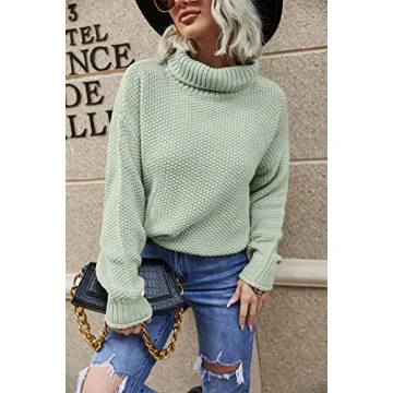 Lynwitkui Women Turtleneck Sweaters Batwing Sleeve Casual Loose Chunky Pullover Sweater Knit Tops Light Green