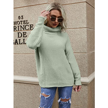 Lynwitkui Women Turtleneck Sweaters Batwing Sleeve Casual Loose Chunky Pullover Sweater Knit Tops Light Green