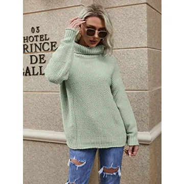 Lynwitkui Women Turtleneck Sweaters Batwing Sleeve Casual Loose Chunky Pullover Sweater Knit Tops Light Green