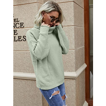 Lynwitkui Women Turtleneck Sweaters Batwing Sleeve Casual Loose Chunky Pullover Sweater Knit Tops Light Green