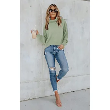 Lynwitkui Women Turtleneck Sweaters Batwing Sleeve Casual Loose Chunky Pullover Sweater Knit Tops Light Green