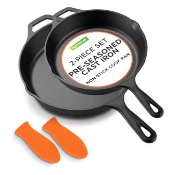 NutriChef 10" & 12" Pre-Seasoned Cast Iron Skillets - Nonstick Pan Set for Versatile Cooking