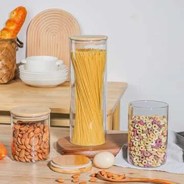 ComSaf Glass Container Food Storage Set of 3, Sealing Glass Jar with Airtight Bamboo Lid,Pasta Containers for Pantry, Storage Canisters for Noodles Flour Cereal Sugar Tea Spice Coffee Beans
